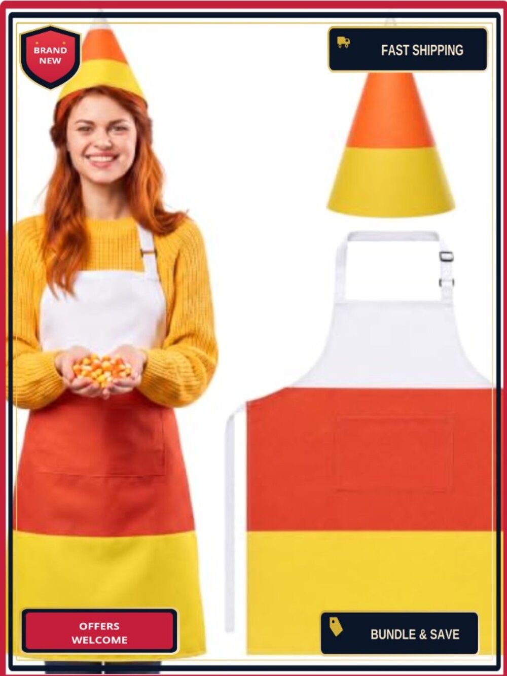 Candy Corn Costume Set Apron & Witch Hat Polyester Adult